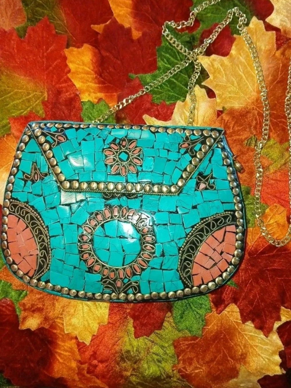 Ramla Porte-Moi clutch in Turquoise Mosaic Crossbody Bag with Coral Accents